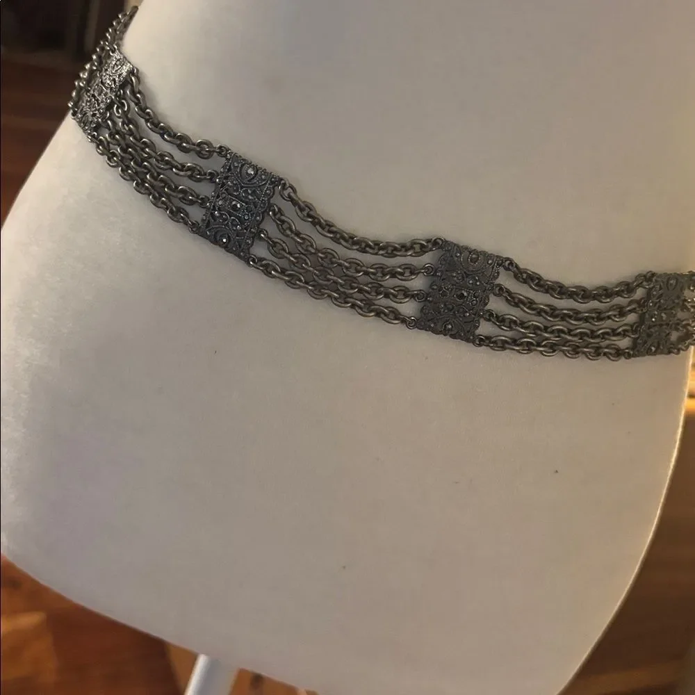 Gunmetal Silver Chain Belt with Rhinestones